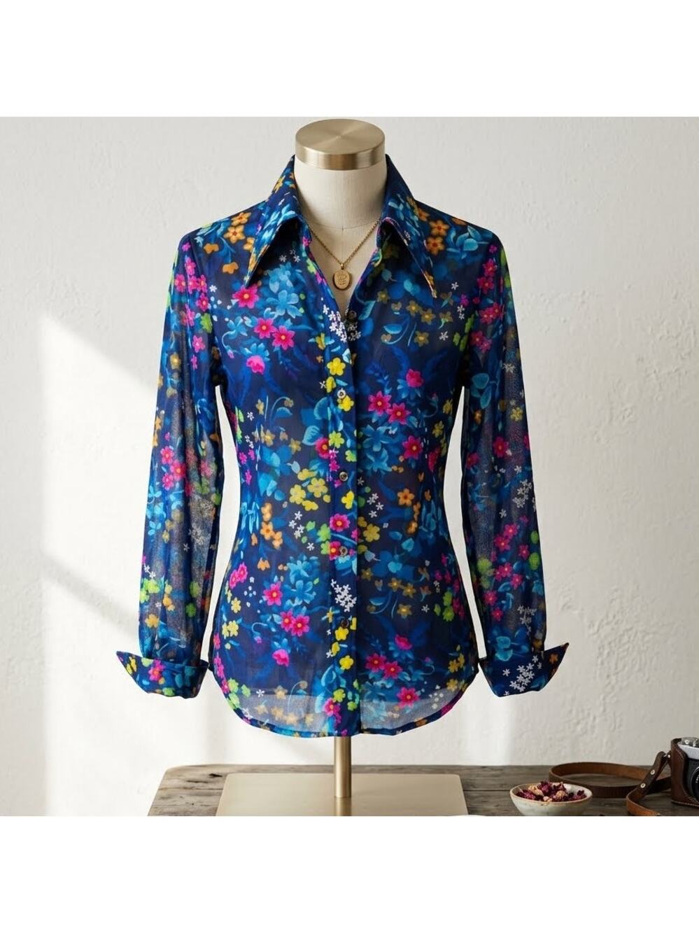 Vintage Jackson Square 70s Floral Blouse Blue Flower Power Long Sleeve Top 11/12